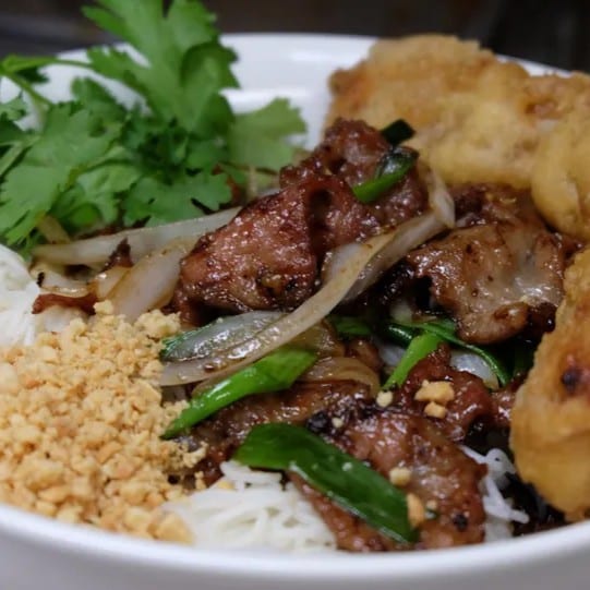 Pork or Tofu Over Rice Noodle Salad.