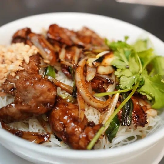Beef or Chicken Over Rice Noodle Salad.